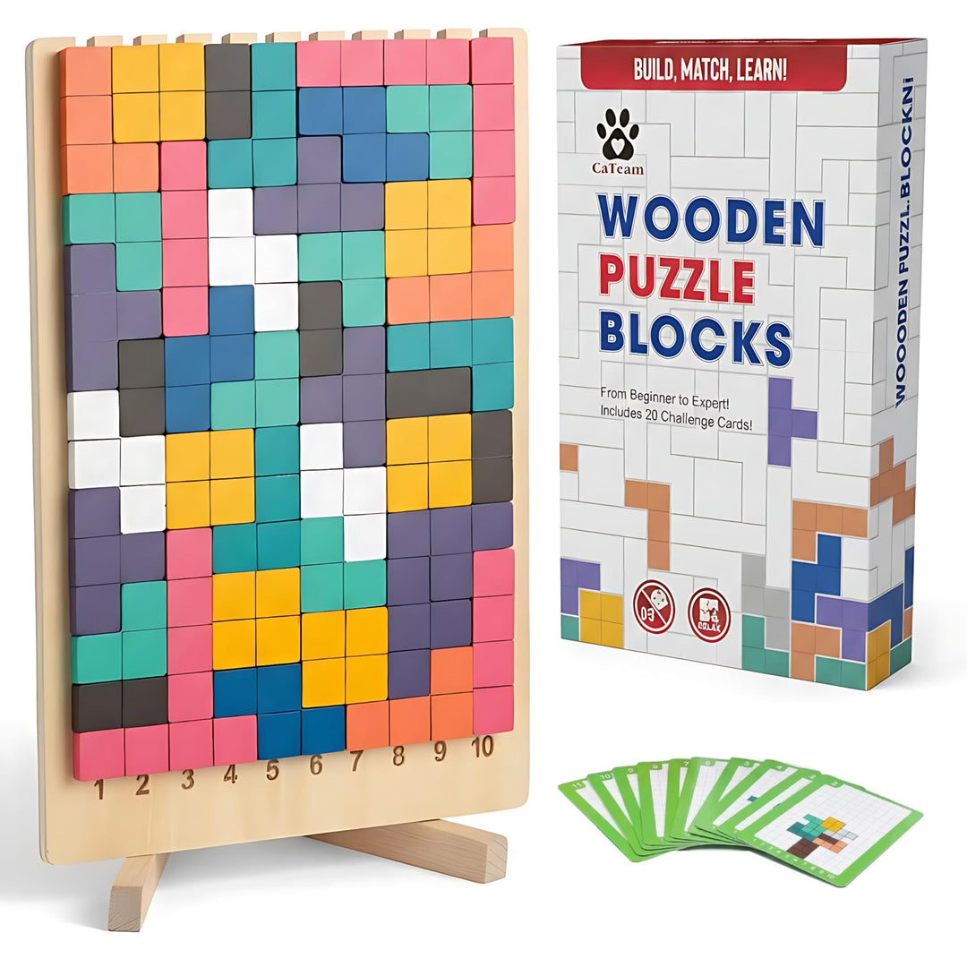 Montessori Holzpuzzle Tetris-Stil – 42 Teile Gehirntraining Blöcke mit nummeriertem Brett (1-10) & 1