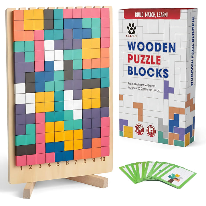 Montessori Holzpuzzle Tetris-Stil – 42 Teile Gehirntraining Blöcke mit nummeriertem Brett (1-10) & 1