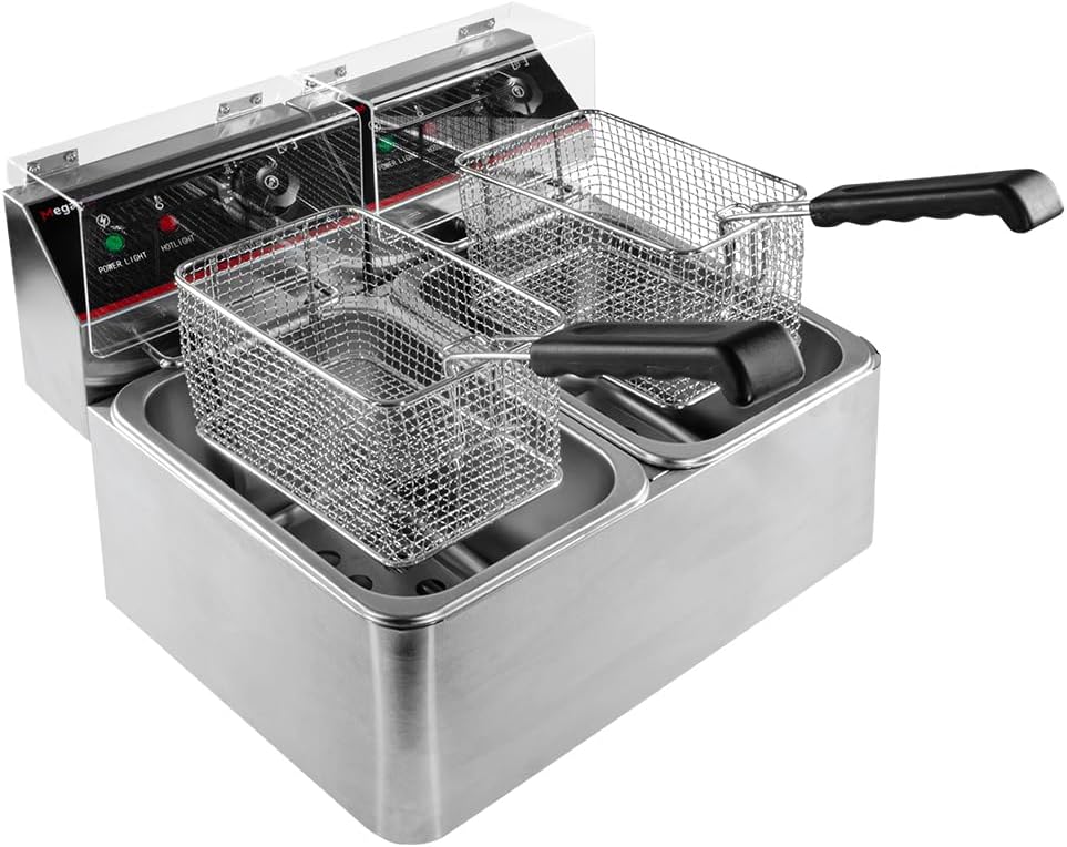 Mega-M Gastro-Fritteuse Elektro Zweikammer 2x4l 2x2kW, einstellbar mit Deckel, 45x40x30cm, Edelstahl