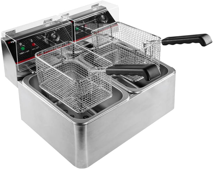 Mega-M Gastro-Fritteuse Elektro Zweikammer 2x4l 2x2kW, einstellbar mit Deckel, 45x40x30cm, Edelstahl