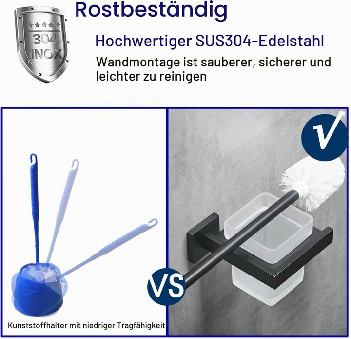 WC-Bürste und Halter Wand Toilettenbürste Mit Halterung, Schwarz, 304 Edelstahl und Mattglas für Bad