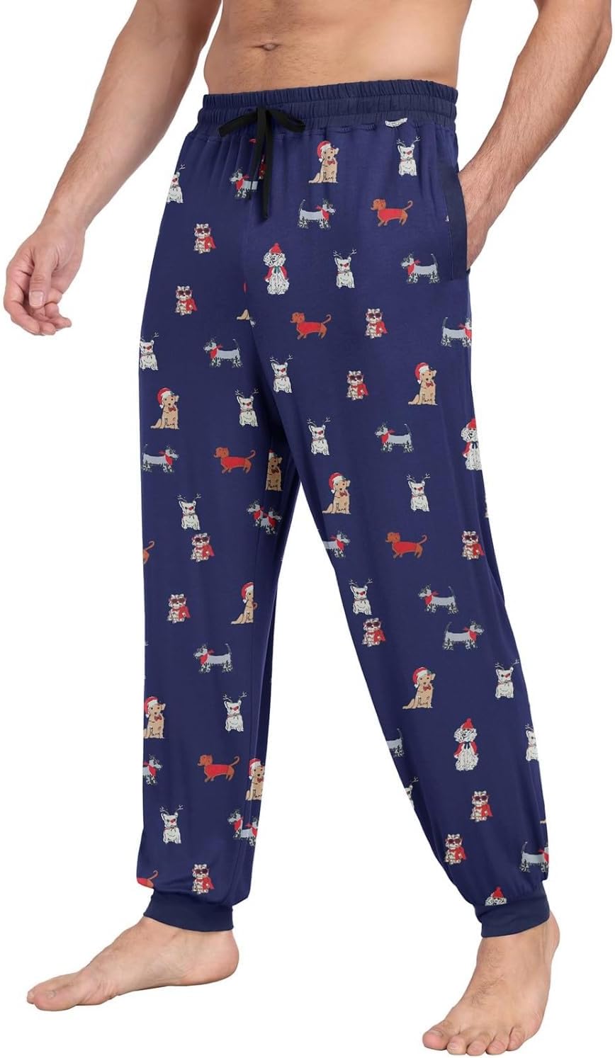 PrinStory Schlafanzughosen Für Herren Lang Pyjamahose Mit Taschen Elastischem Bund Schlafhose Lounge