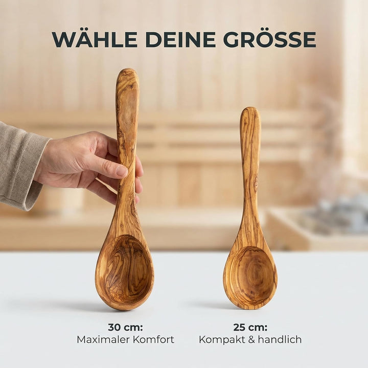Saunakelle aus Olivenholz mit Gravur - Personalisierbare Aufgusskelle langlebig & hitzebeständig - S