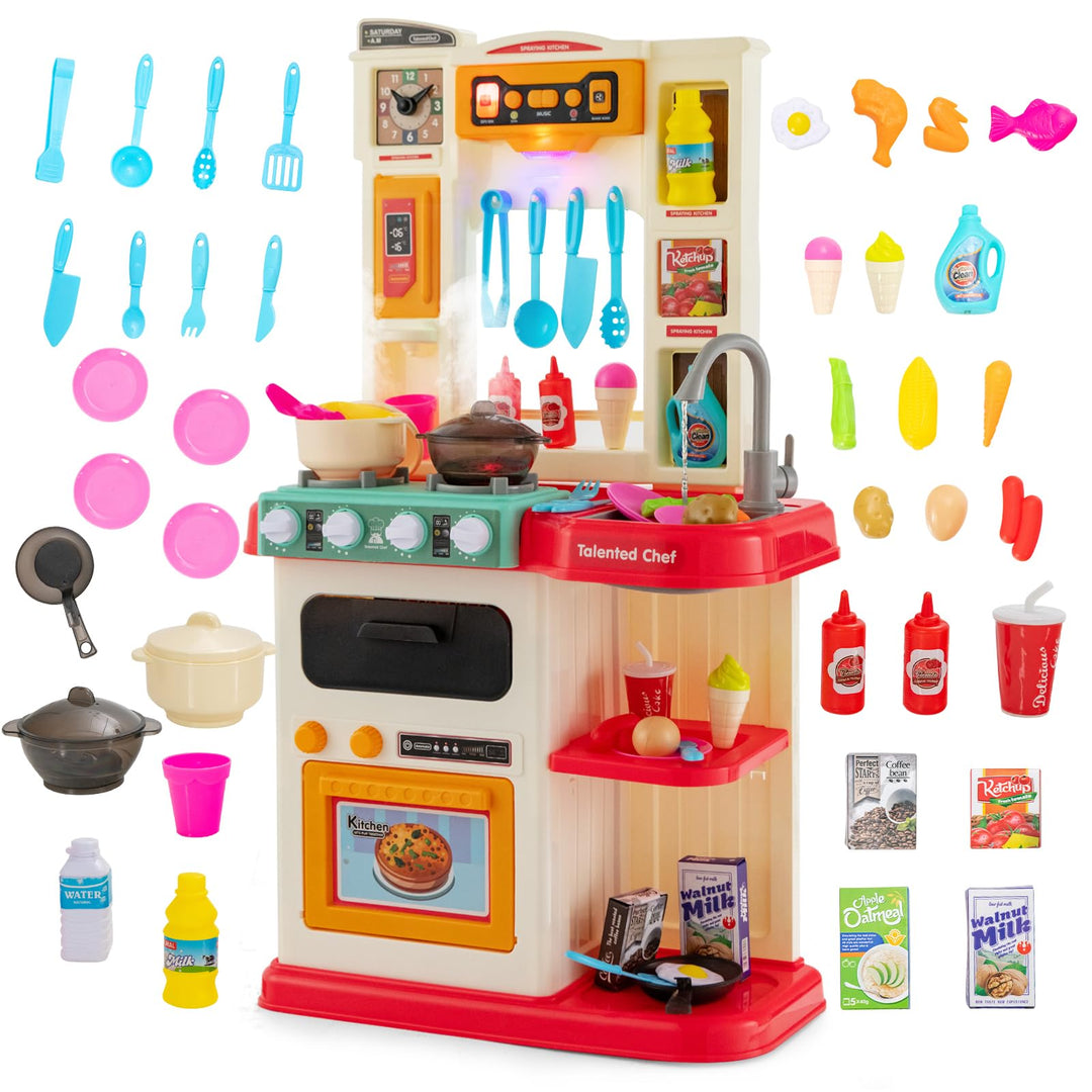 COSTWAY 65 TLG. Kinderküche mit Lichter, Musik und Sound, Spielküche inkl. Zubehör, Kinderspielküche