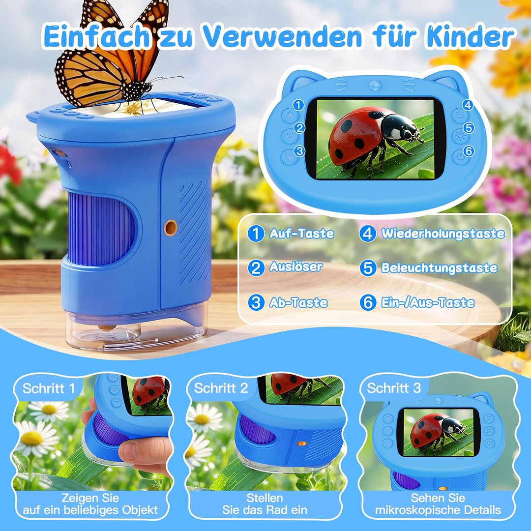 Mikroskop für Kinder 1000x, Tragbares Mikroskop Kinder (Blau), Blau