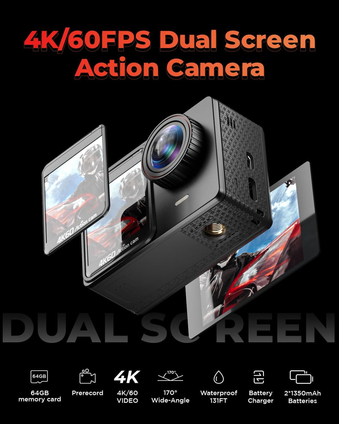 4K60FPS 24MP Action Cam, Touchscreen Sportkamera mit 64GB SD-Karte, Unterwasserkamera 131FT Wasserdi