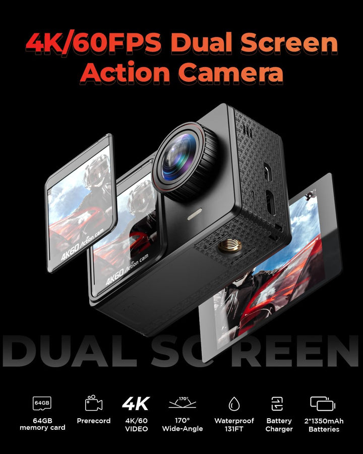 4K60FPS 24MP Action Cam, Touchscreen Sportkamera mit 64GB SD-Karte, Unterwasserkamera 131FT Wasserdi