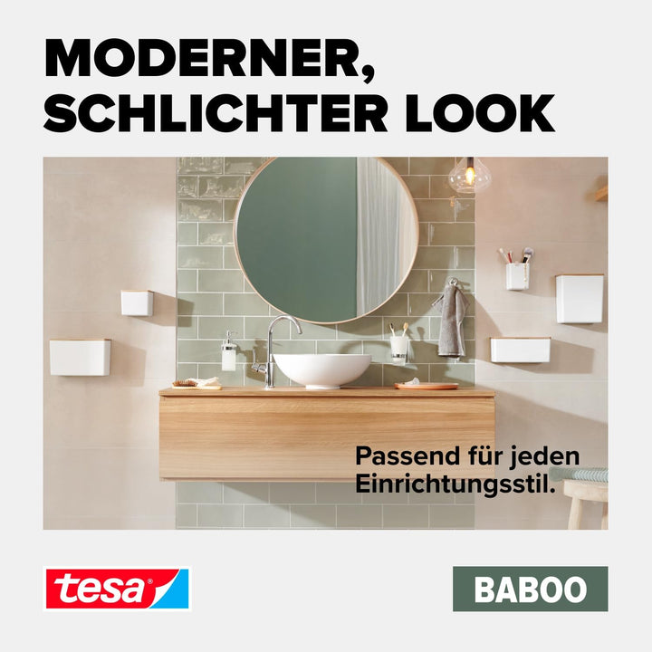 tesa Baboo Badorganizer S mit Bambus-Deckel, matt-weiss - Bad-Aufbewahrungsbox zur Wandmontage ohne