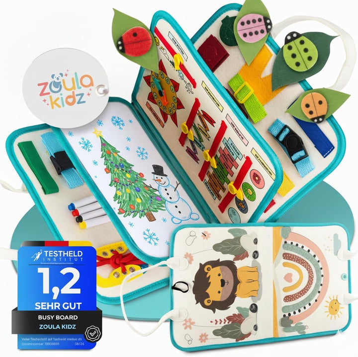 zoula kidz® Busy Board deutsch - Montessori Spielzeug ab 3 Jahre - Motorikspielzeug - Montessori Buc