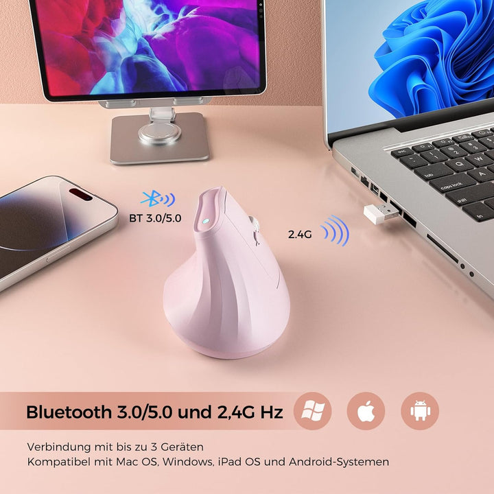 KYSONA Vertikale Ergonomische Maus 57°, Kabellos Bluetooth & 2,4 GHz, 5 DPI-Stufen, Leise Klicks, Ha