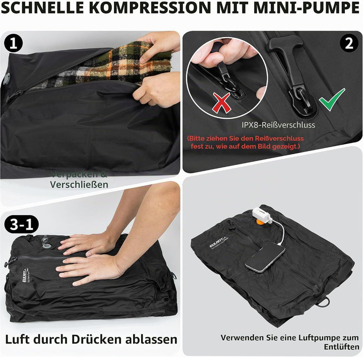 EULANT Wasserdicht Vakuumbeutel für Reisen mit Pumpe, Wiederverwendbare Kompressionsbeutel für Koffe