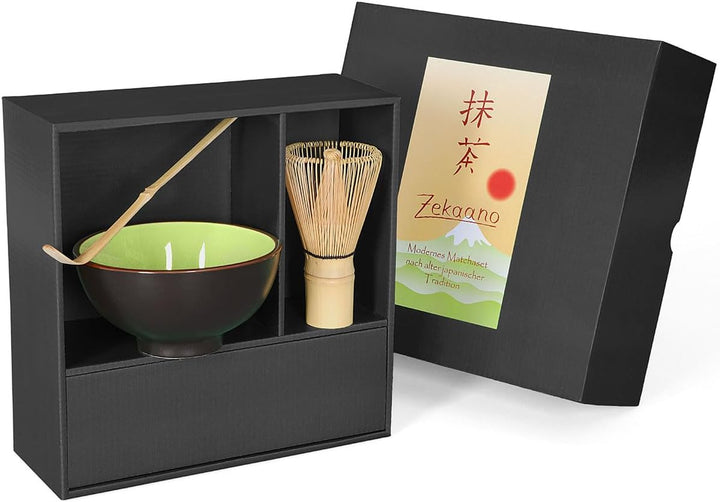 Matcha-Set 3-teilig sommergrün, bestehend aus Matcha-Schale, Matcha-Löffel und Matcha-Besen (Bambus)