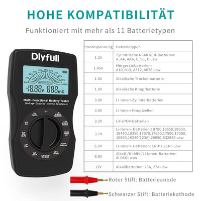 Dlyfull Batterietester Universal LCD Batterieprüfer, Profi Digital Batterie Messgerät für Akku, Batt