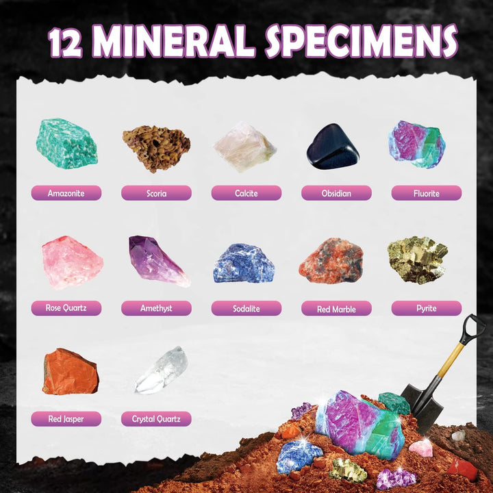 Byncceh Mineralien Ausgrabungsset für Kinder ab 7 Jahren, Edelsteine Ausgraben Set mit 12 Mineralien