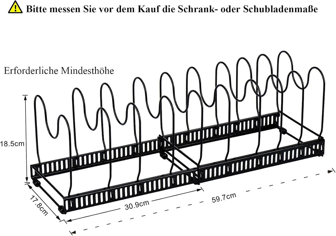 Toplife Pfannenhalter für schublade, erweiterbarer Pfannen Organizer, Deckelhalter mit 10 verstellba