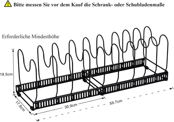 Toplife Pfannenhalter für schublade, erweiterbarer Pfannen Organizer, Deckelhalter mit 10 verstellba