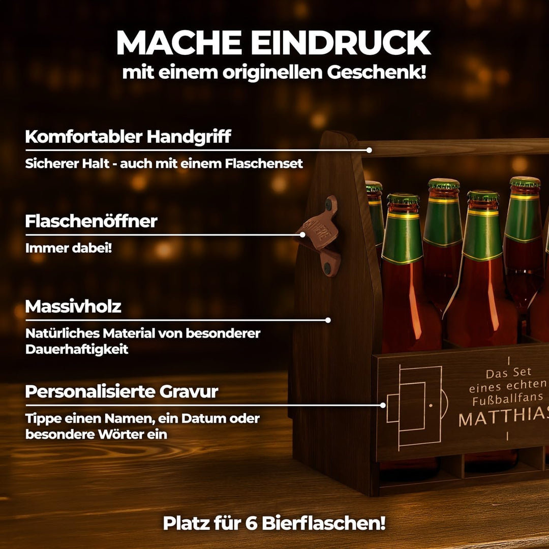 Maverton Bierträger für 6 Flaschen 0,5L mit Gravur - Männerhandtasche mit Flaschenöffner - Grösse: 2