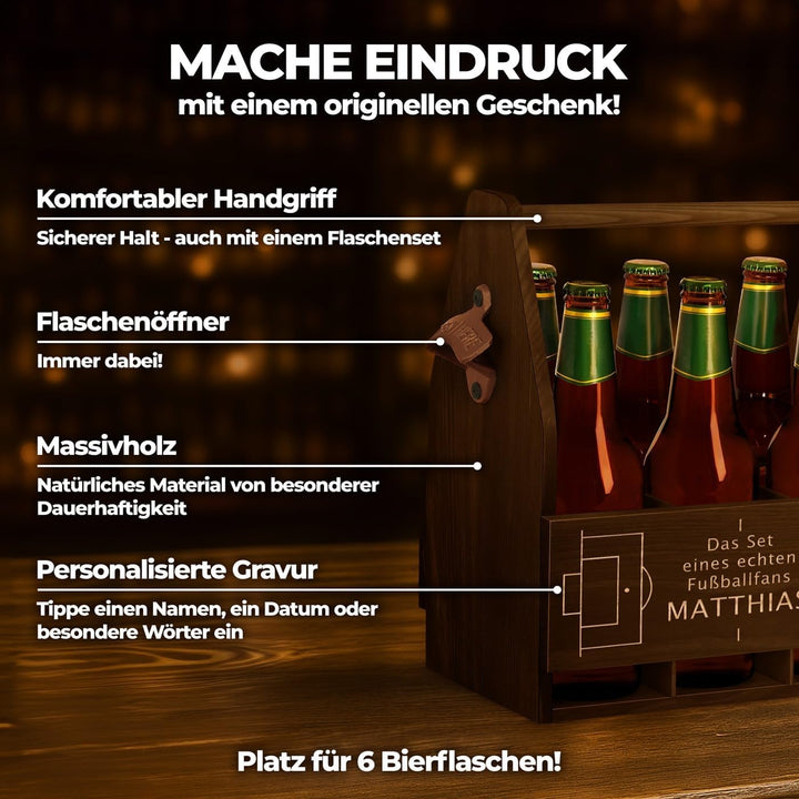Maverton Bierträger für 6 Flaschen 0,5L mit Gravur - Männerhandtasche mit Flaschenöffner - Grösse: 2