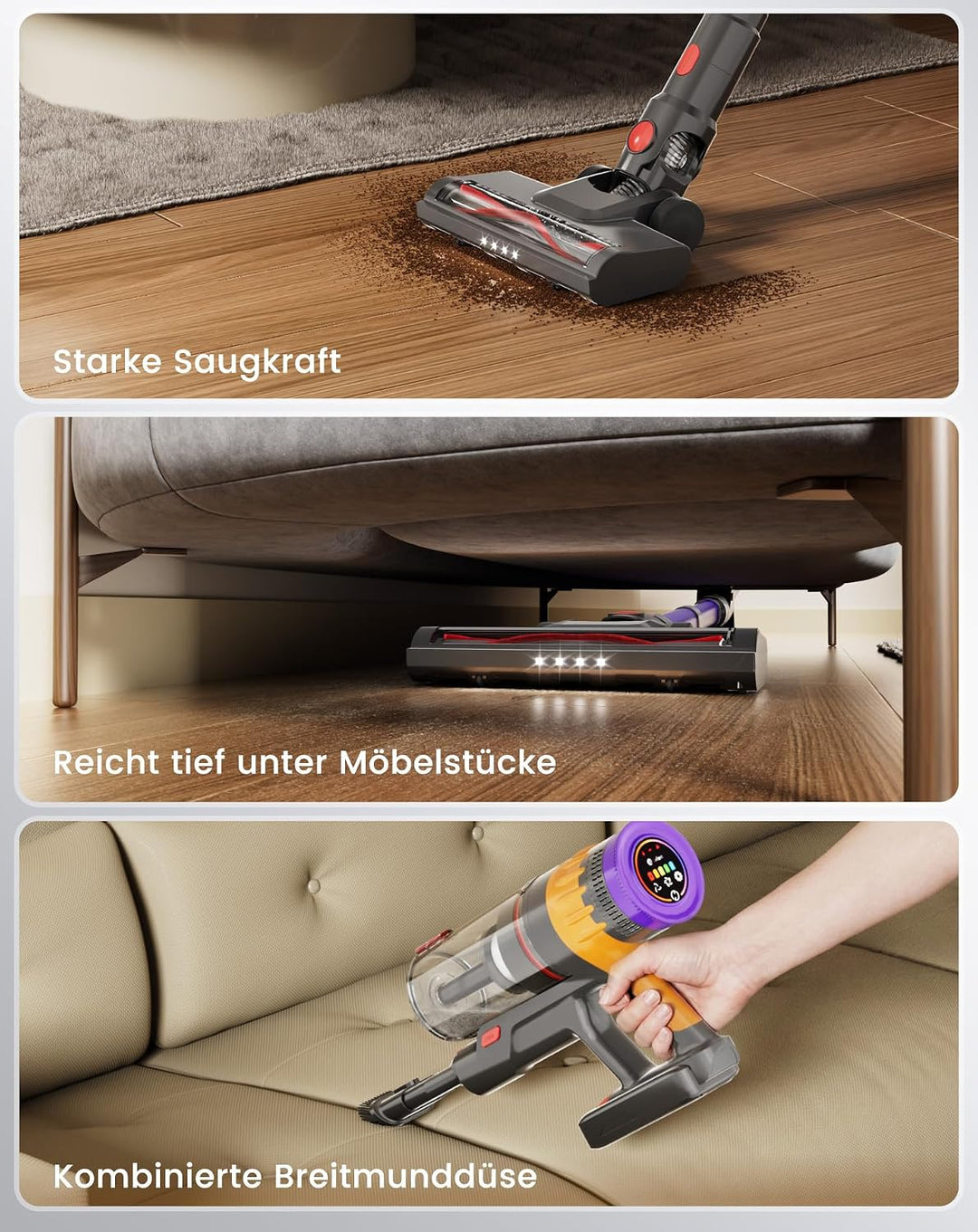 Akku Staubsauger Kabellos 40KPa/450W/42Min für Tierhaare/Teppiche/Hartböden | Akku Staubsauger Kabel