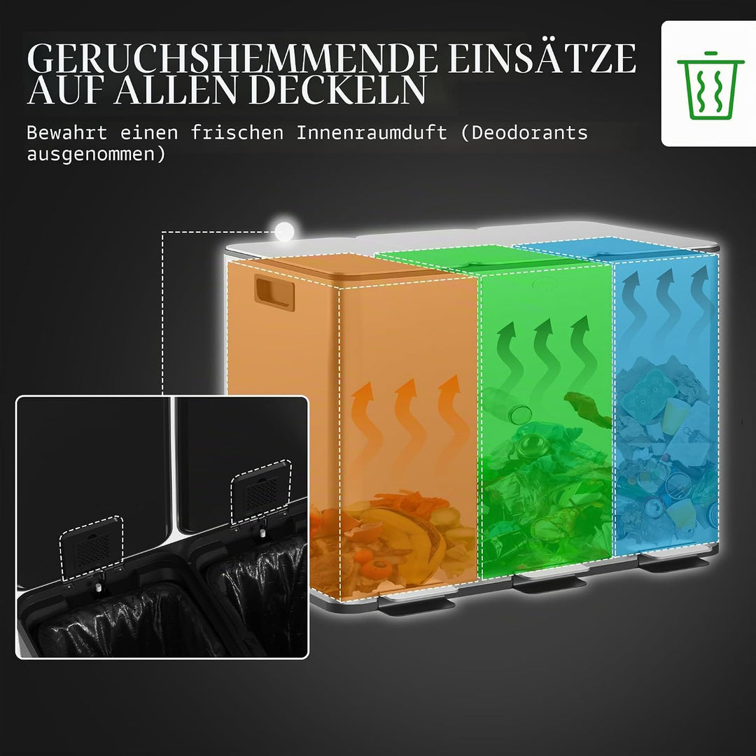 HOMCOM Küchenabfalleimer 3 x 10 l, Abfalltrennsystem aus Edelstahl, 3 Fächer, Pedal, herausnehmbare