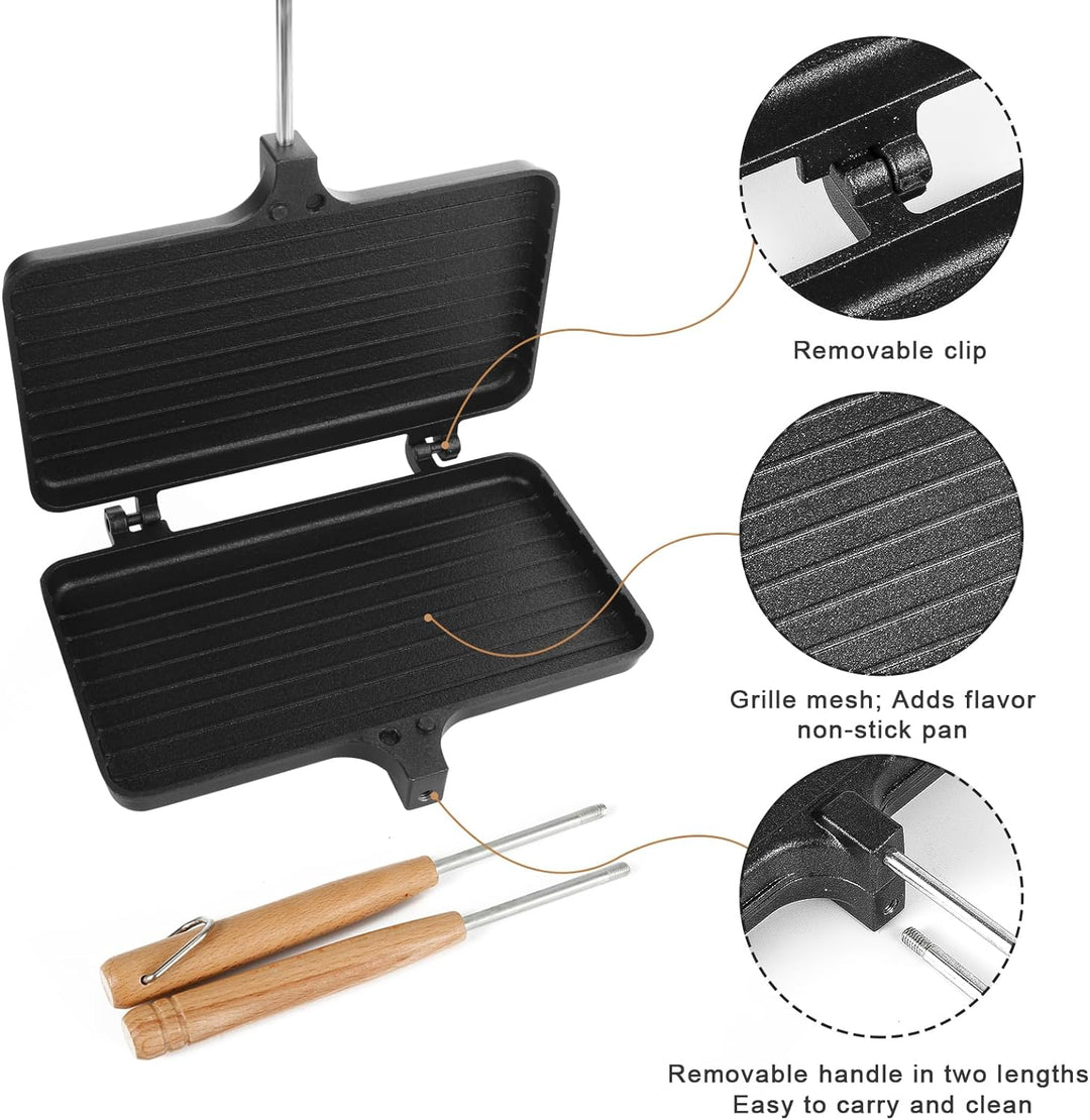PEUTIER Double Pie Iron, Antihaftbeschichtet Sandwichmaker Camping mit 4 Abnehmbaren Griffen Tragbar