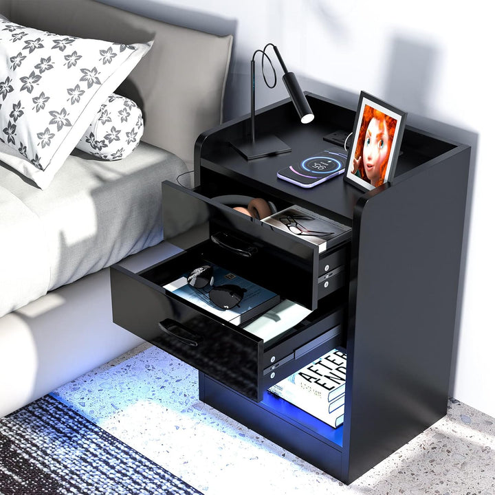 PIPIPOXER Moderner 2er Set Nachttisch mit Steckdose und LED-Beleuchtung, Nachtschrank mit 2 Schublad