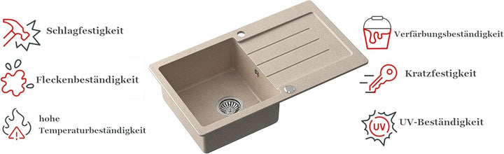VBChome Spüle Beige 77 x 44 cm Granit Einzelbecken Einbauspüle Küchenspüle gesprenkelt reversibel Ve