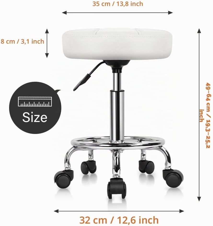 KKTONER Rollhocker Arbeitshocker Barhocker höhenverstellbar 49-64cm drehbar aus Kunstleder Weiss, We