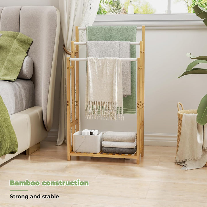 Dripex Freistehender Handtuchhalter Bambus Höhe 96 cm Handtuchständer Badetuchhalter mit 3 Edelstahl