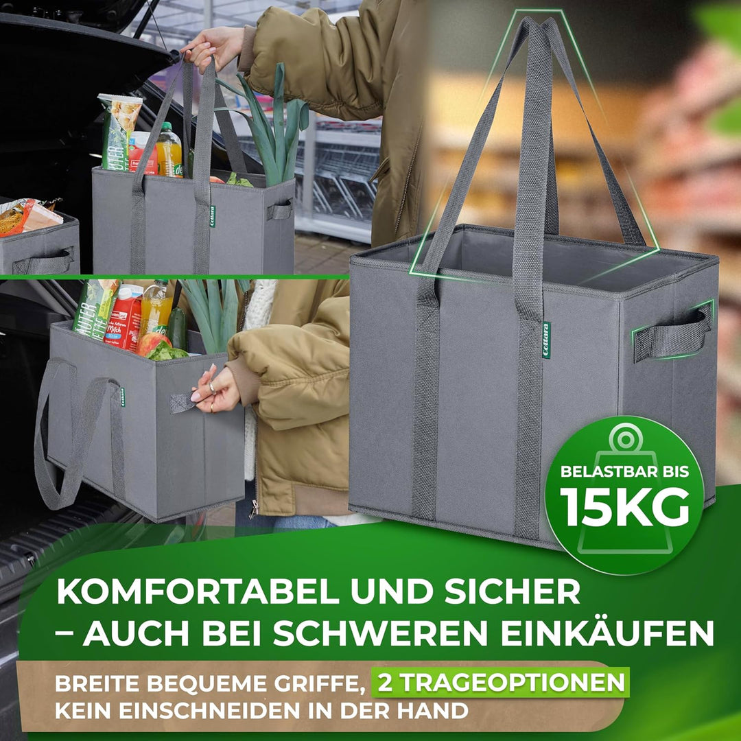 COTTARA® grosse Einkaufstasche faltbar 3er Pack & Obstnetz – stabiler grosser Einkaufskorb faltbar m