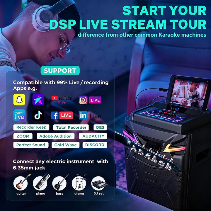 DSP Bluetooth Karaoke Maschine mit 2 mikrofonen Lautsprecher, 600W 10&
