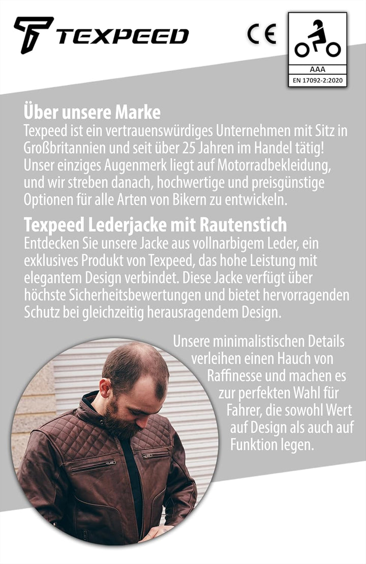 Texpeed Braun Motorrad lederjacke herren mit protektoren - Leder mit Rautensteppung - Motorrad Mit O