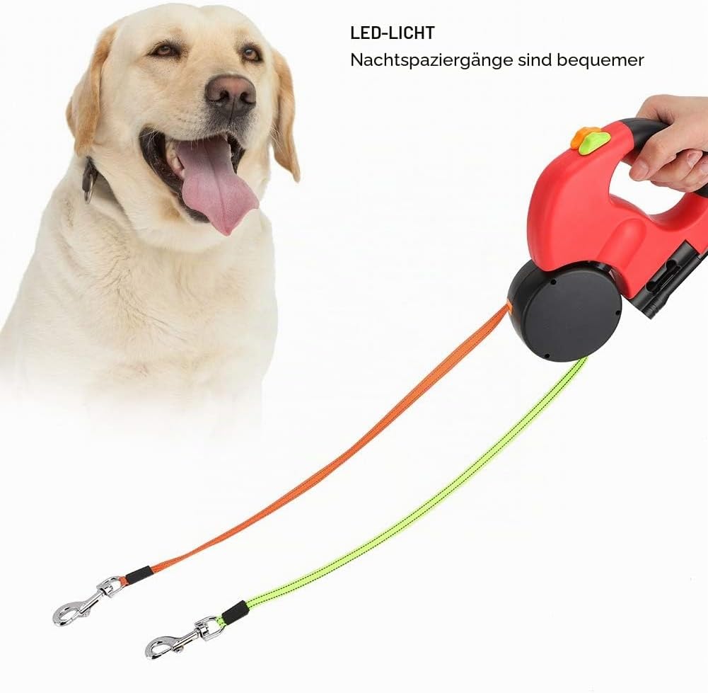 Doppelte Hundeleine für 2 Hunde, 3 Meter Einziehbare Hundeleine, Rollleine Hundeleine mit LED-Lichte