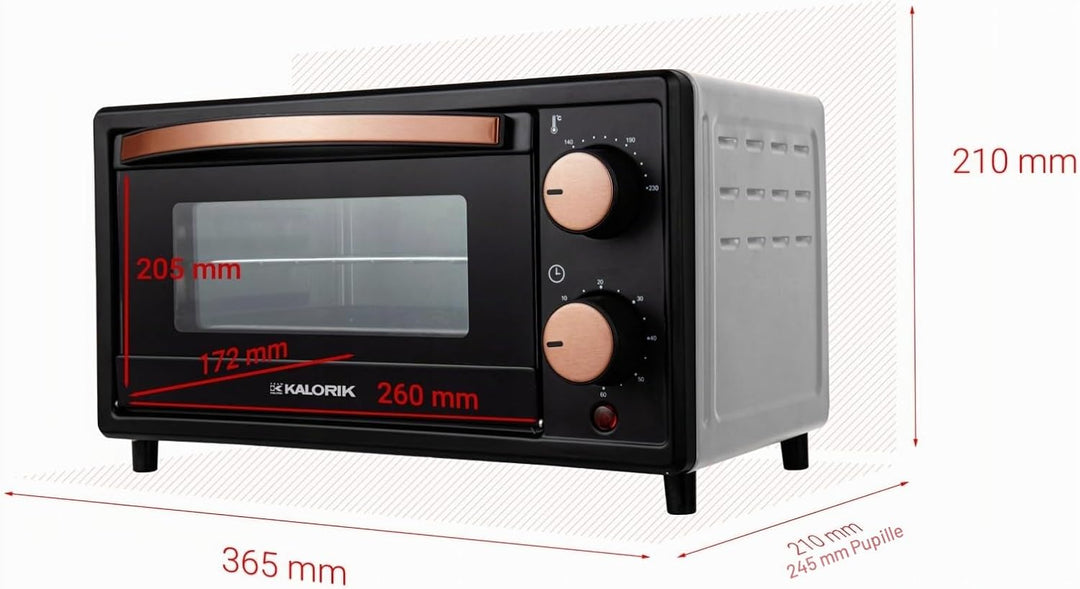 KALORIK Mini-Backofen OT2015CO, 10L Kapazität, Schwarz mit Kupferakzenten, 800W, Energiesparend mit