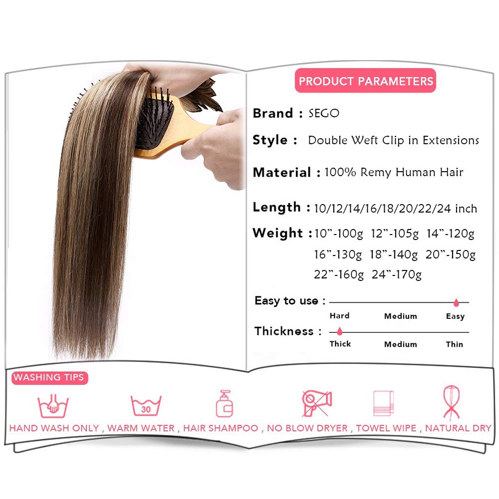 SEGO Echthaar Clip in Extensions 8 Pcs Doppelt Tressen Haarverlängerung 100% Remy Human Haar für Kom