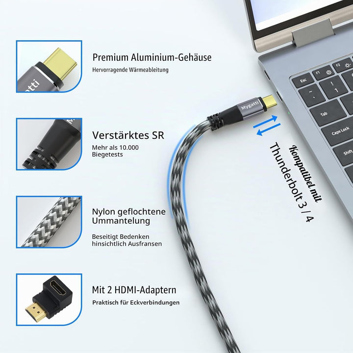 Mygatti USB C auf HDMI Kabel 3 M,Typ-C auf HDMI 4K UHD(Thunderbolt 4/3 kompatibel),mit 90-Grad und 2
