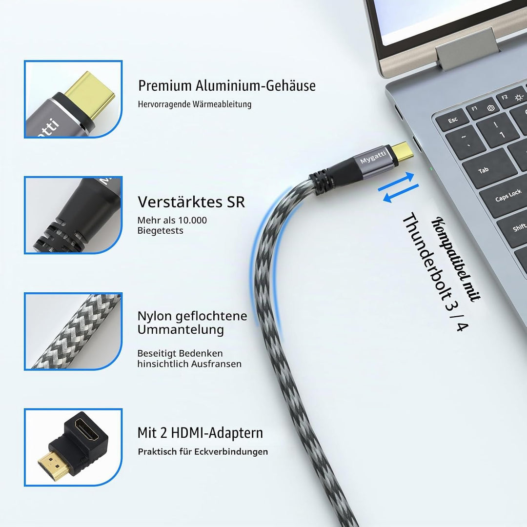 USB C auf HDMI Kabel 10 M,Typ-C auf HDMI 4K UHD(Thunderbolt 4/3 kompatibel),mit 90-Grad und 270-Grad