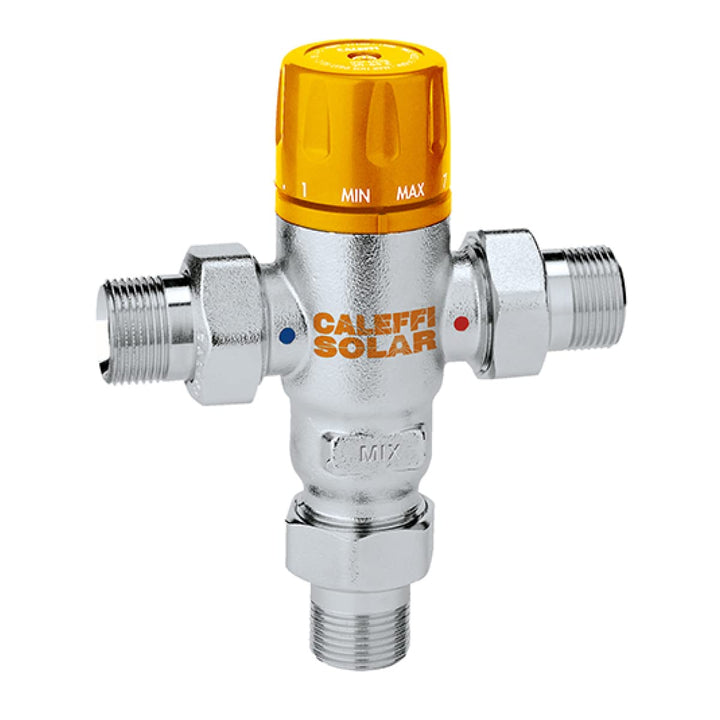 Caleffi 252153 Thermomischer 3/4 Zoll AG 30-65 °C mit Rückschlagventilen für Solaranlagen, Einstellb