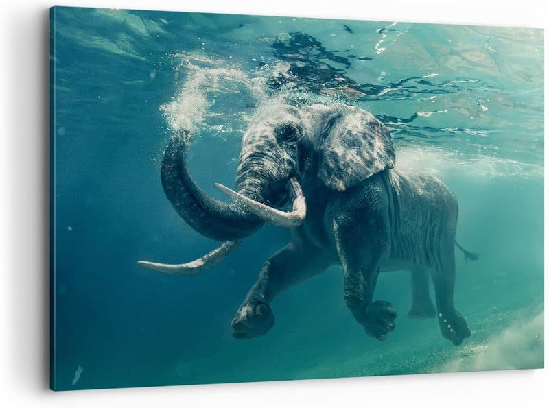 Bilder auf Leinwand 100x70cm Leinwandbild mit Rahmen Elefant Tier Wasser Gross Wanddeko Bild Schlafz