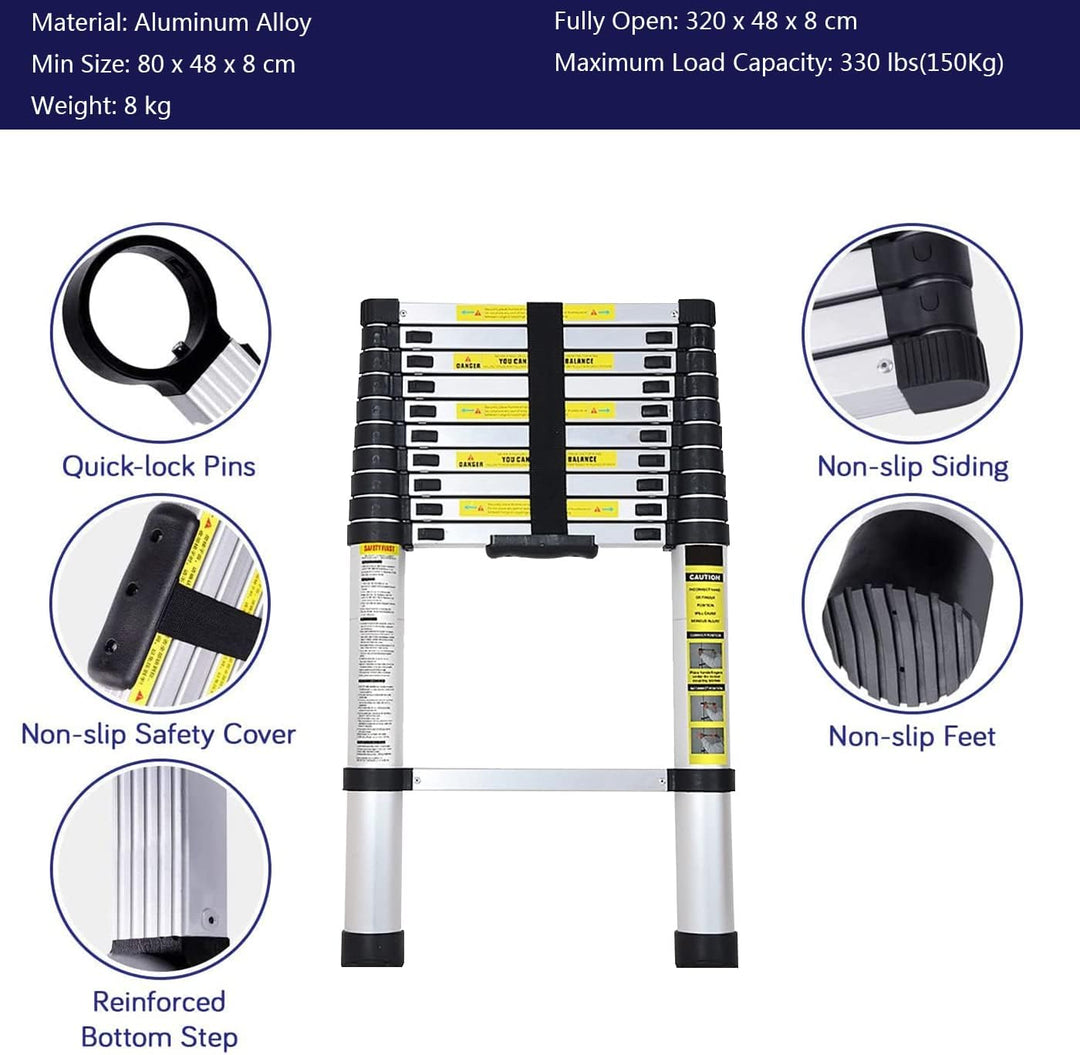 3,2M Teleskopleiter, Mehrzweckleiter Aluminium, 150 kg/330 Pfund Belastbarkeit, Ausziehbar Aluleiter