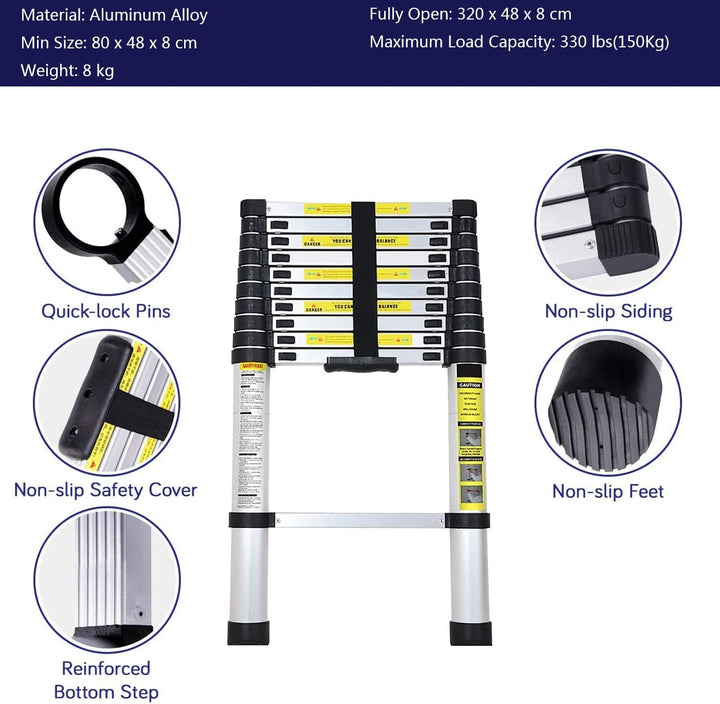 3,2M Teleskopleiter, Mehrzweckleiter Aluminium, 150 kg/330 Pfund Belastbarkeit, Ausziehbar Aluleiter