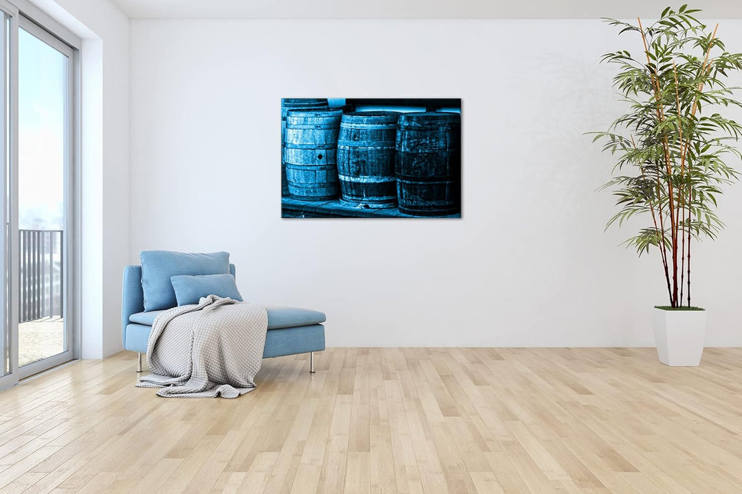 deyoli alte Holzfässer mit Wein Format 80x60 Effekt: Monocrome Blau als Leinwandbild, Motiv fertig g