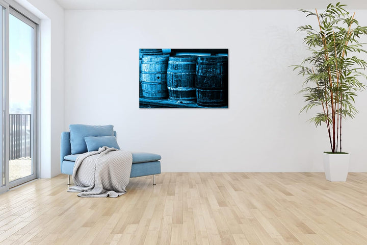 deyoli alte Holzfässer mit Wein Format 80x60 Effekt: Monocrome Blau als Leinwandbild, Motiv fertig g