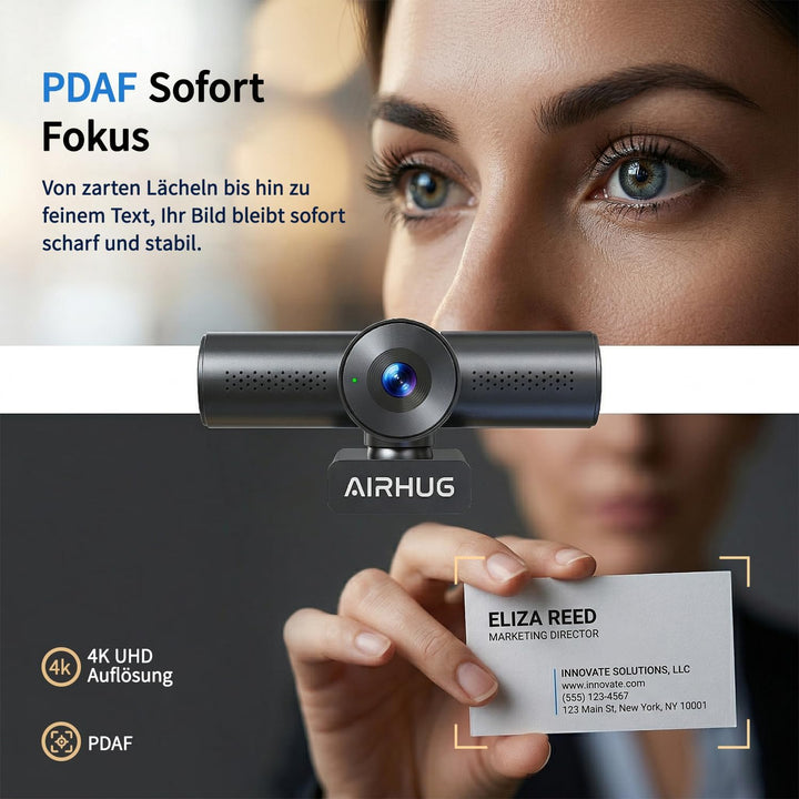 AIRHUG 4K 30fps Webcam-Sony 16MP Sensor,PDAF Autofokus,Auto-Lichtkorrektur,Zwei omnidirektionale Mik