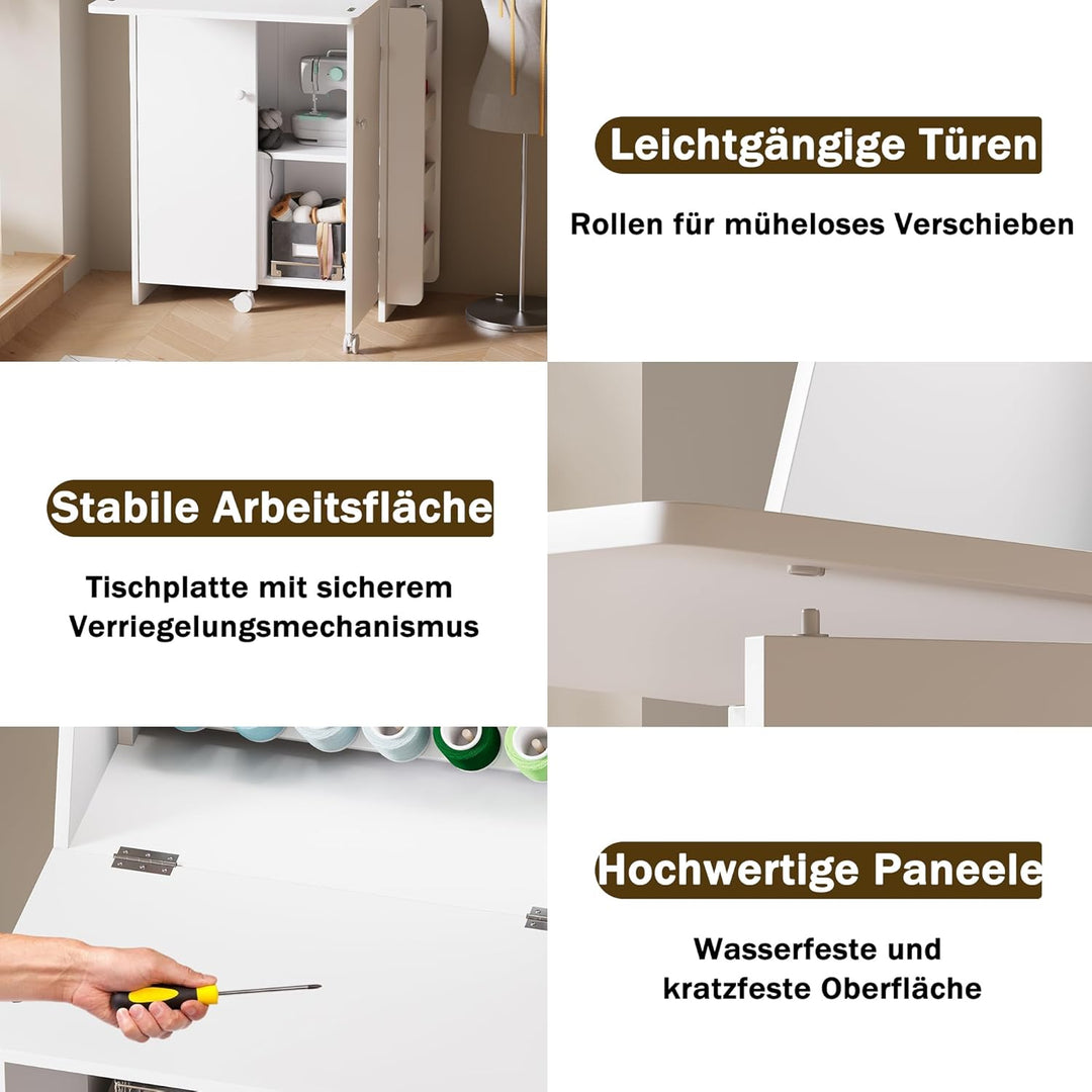 LED Nähtisch klappbar mit 33 Garnhalter & 2 Steckdosen, USB+Typ-C Nähmaschinenschrank mit viel Staur