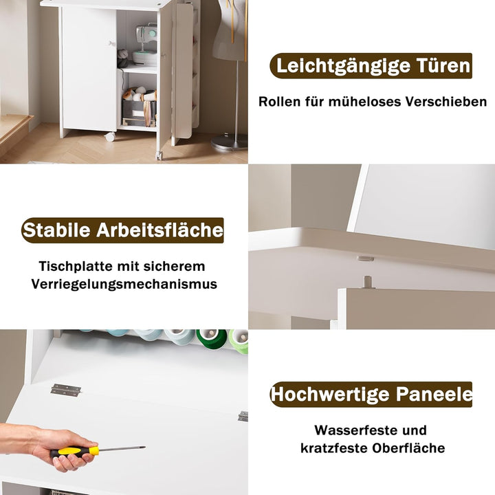 LED Nähtisch klappbar mit 33 Garnhalter & 2 Steckdosen, USB+Typ-C Nähmaschinenschrank mit viel Staur