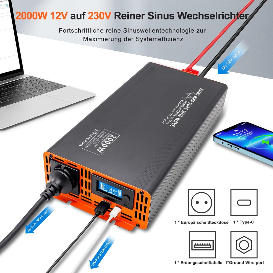 DATOUBOSS 2000W Reiner Sinus Wechselrichter 12V auf 230V (4000W Peak), Spannungswandler mit Funkfern