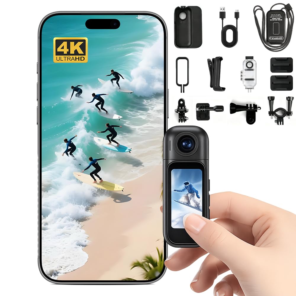 4K Mini Action Kamera WLAN, Daumengrösse mit 1,47” Touchscreen & 180° Drehbarer Linse, Magnetische B