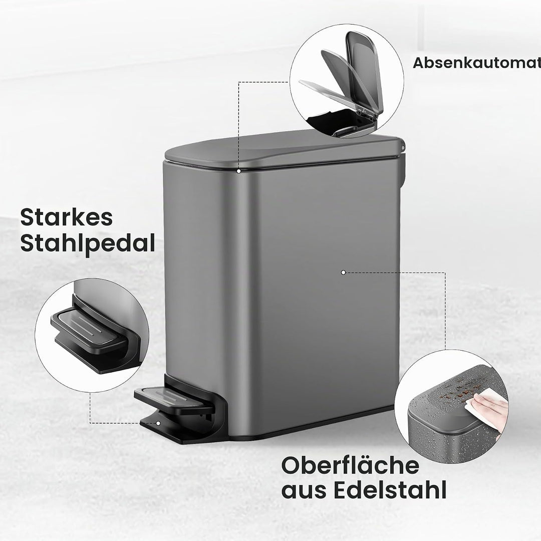 Cesun Kleiner Badezimmer-Mülleimer mit Deckel, Absenkautomatik, Trittpedal, 6 Liter, Edelstahl-Mülle