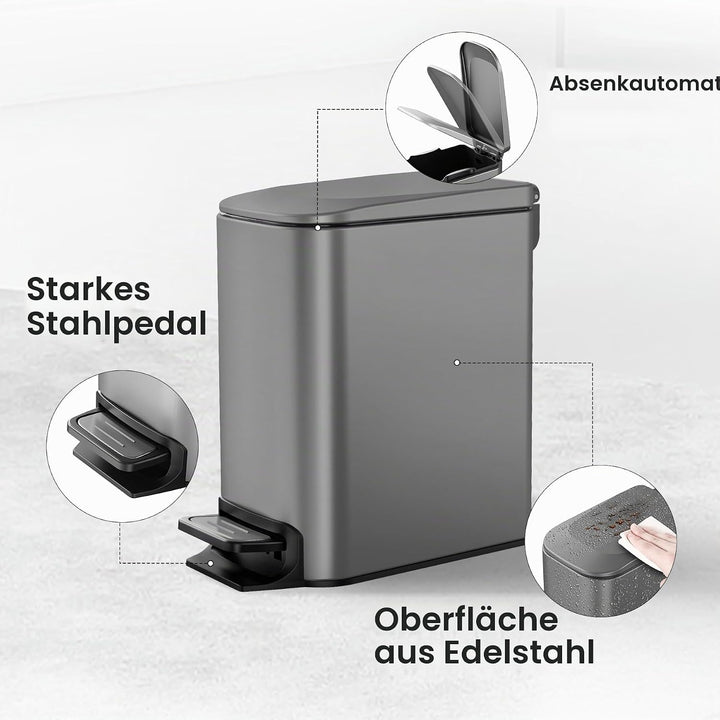 Cesun Kleiner Badezimmer-Mülleimer mit Deckel, Absenkautomatik, Trittpedal, 6 Liter, Edelstahl-Mülle
